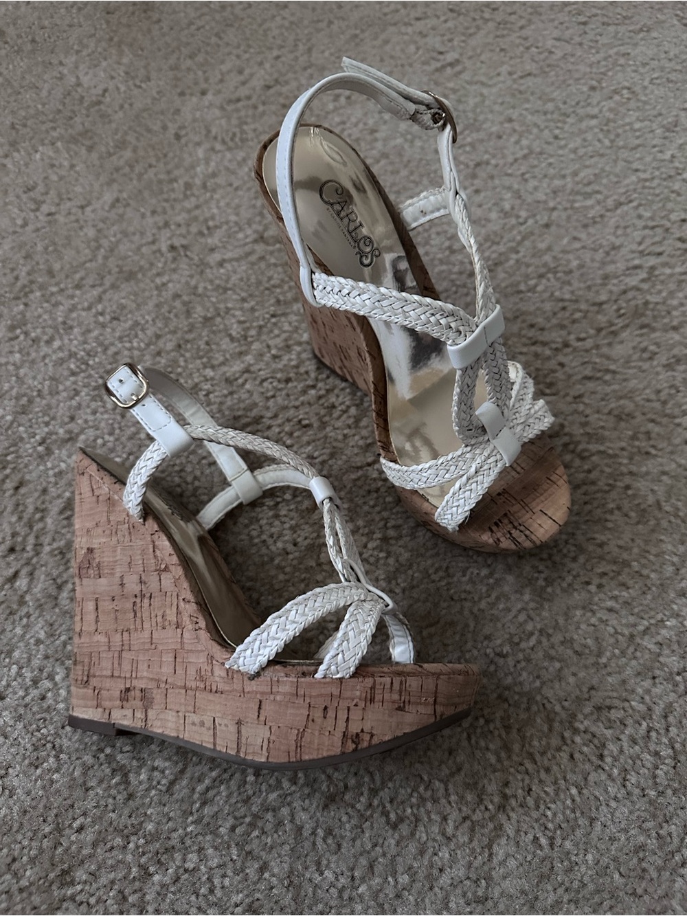 Carlos by Carlos Santana White Braided Cork Wedge Sandals Size 5.5